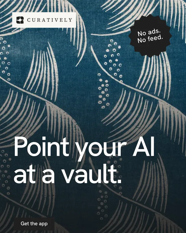 Instagram portrait post for Curatively: "Point your AI at a vault." Swiss style, sticker layout, dark palette in blue, grey.