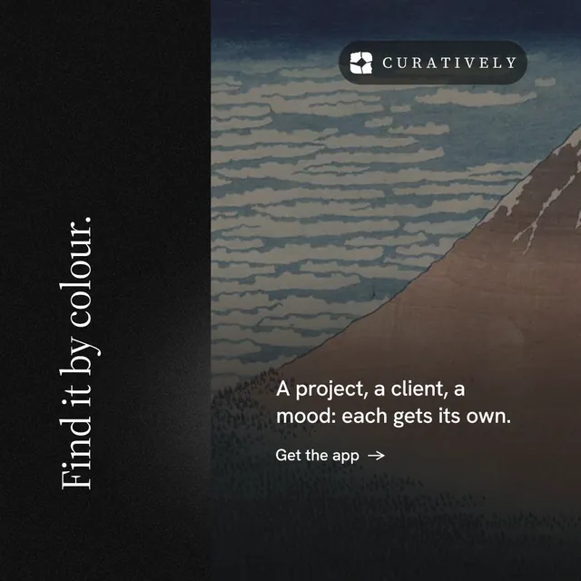 Instagram post for Curatively: "Find it by colour." Minimal luxury style, vertical layout, dark palette in grey, black.