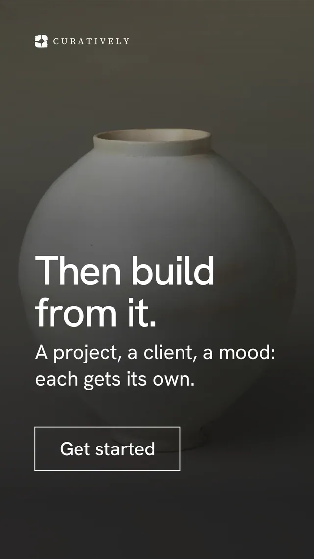 Instagram story for Curatively: "Then build from it." Editorial style, skeleton layout, dark palette in grey, black.