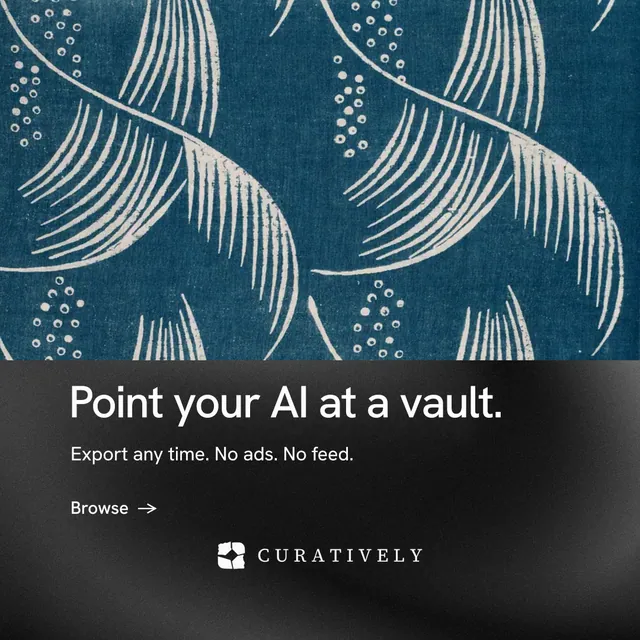 Instagram post for Curatively: "Point your AI at a vault." Minimal luxury style, bottom layout, dark palette in blue, black, grey.