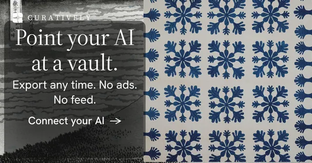 Social ad for Curatively: "Point your AI at a vault." Minimal luxury style, skeleton layout, dark palette in grey, black, blue.