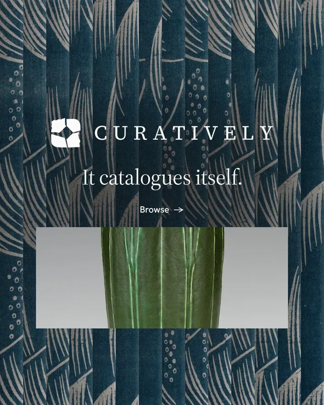 Instagram portrait post for Curatively: "It catalogues itself." Minimal luxury style, logo hero layout, dark palette in blue, grey.
