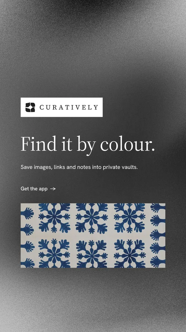 Instagram story for Curatively: "Find it by colour." Minimal luxury style, announce layout, dark palette in grey, black.