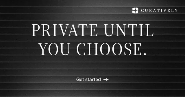 Social ad for Curatively: "Private until you choose." Minimal luxury style, centred layout, dark palette in black, grey.