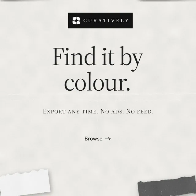 Instagram post for Curatively: "Find it by colour." Editorial style, smallcaps layout, light palette in white, grey.