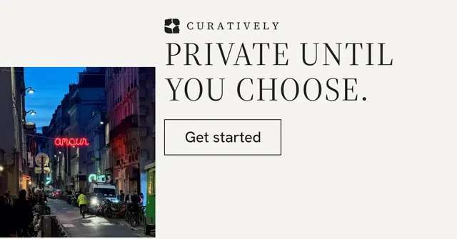 Social ad for Curatively: "Private until you choose." Editorial style, skeleton layout, light palette in white, grey.