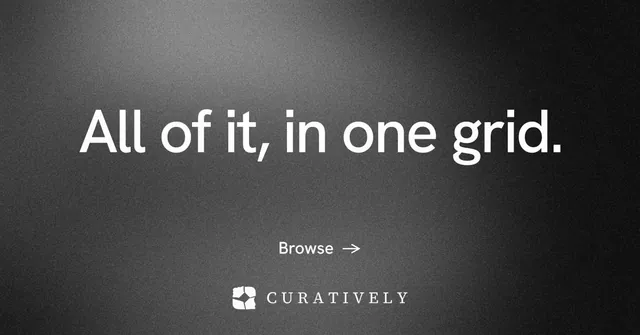 Social ad for Curatively: "All of it, in one grid." Minimal luxury style, centred layout, dark palette in grey, black.