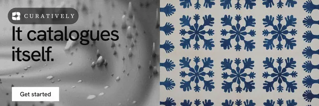 X header for Curatively: "It catalogues itself." Swiss style, bottom layout, light palette in grey.