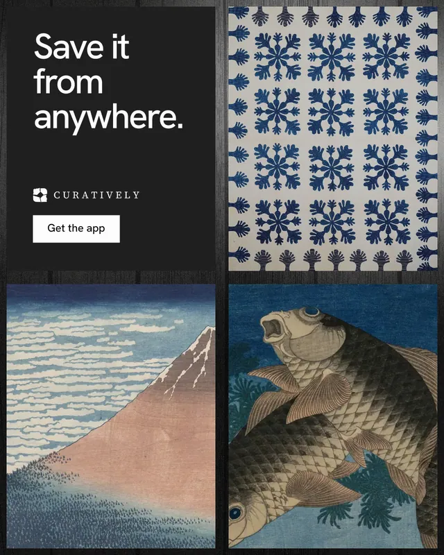Instagram portrait post for Curatively: "Save it from anywhere." Swiss style, collage layout, dark palette in black, grey.