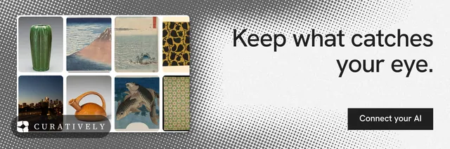 X header for Curatively: "Keep what catches your eye." Split block style, right layout, light palette in grey, white.
