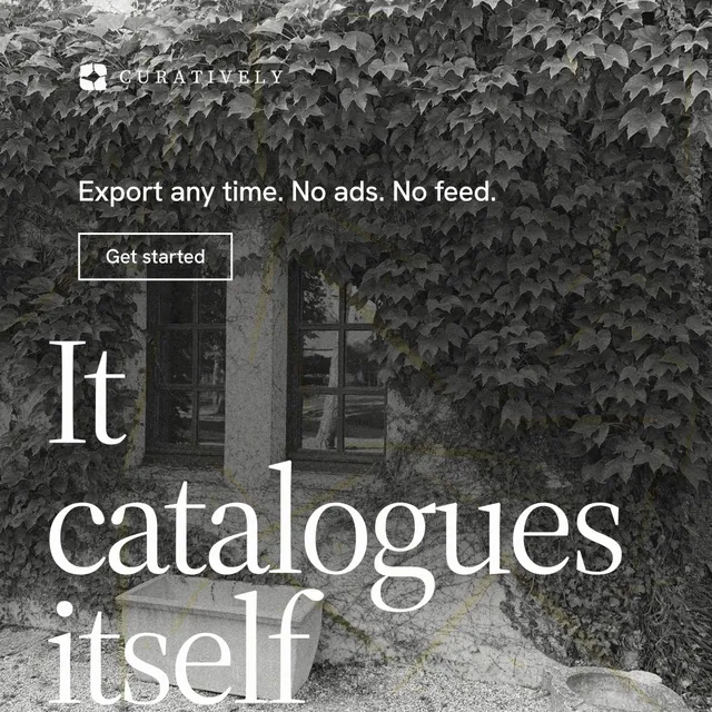 Instagram post for Curatively: "Save it from anywhere." Editorial style, oversized layout, dark palette in black, grey.