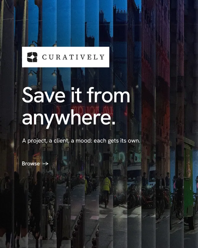 Instagram portrait post for Curatively: "Save it from anywhere." Minimal luxury style, announce layout, dark palette in black, blue.