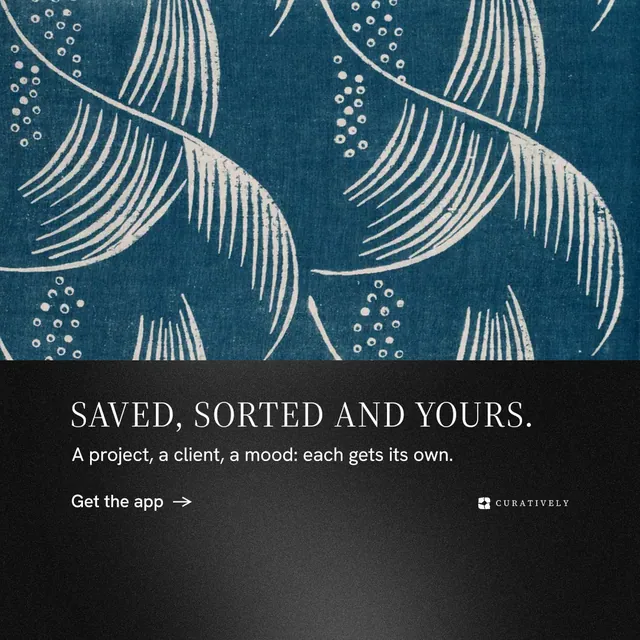 Instagram post for Curatively: "Saved, sorted and yours." Minimal luxury style, bottom layout, dark palette in blue, black, grey.