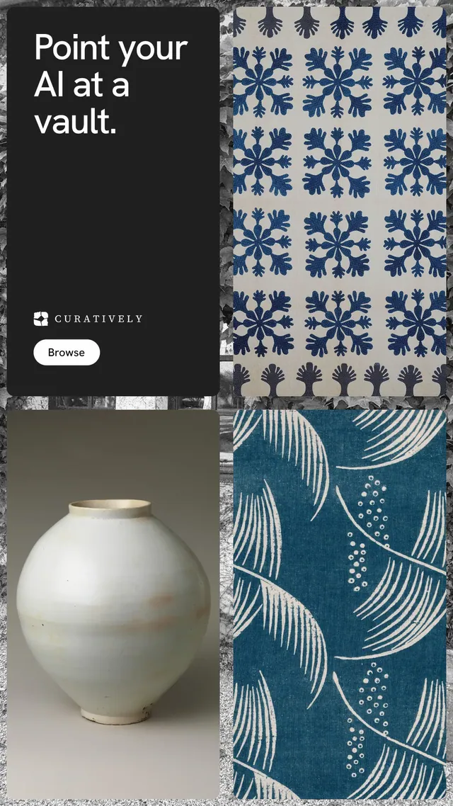 Instagram story for Curatively: "Point your AI at a vault." Photo poster style, collage layout, dark palette in blue, grey, black.