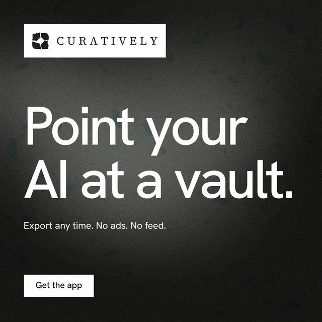 Instagram post for Curatively: "Point your AI at a vault." Swiss style, announce layout, dark palette in black, grey.