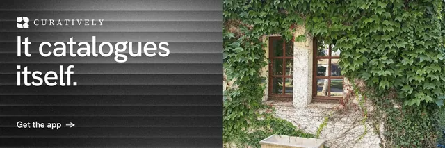 X header for Curatively: "It catalogues itself." Minimal luxury style, bottom layout, dark palette in grey, black.