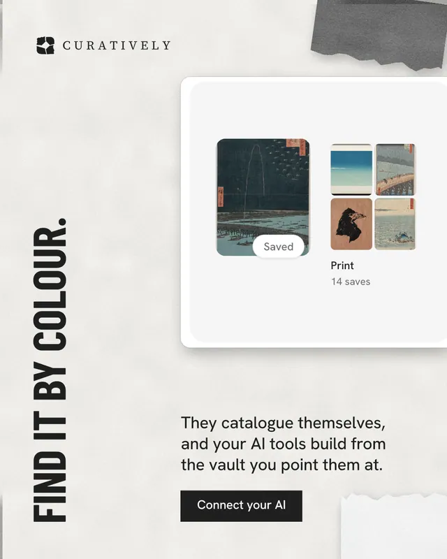 Instagram portrait post for Curatively: "Find it by colour." Retro print style, vertical layout, light palette in white, grey.