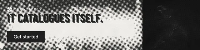 LinkedIn banner for Curatively: "It catalogues itself." Retro print style, skeleton layout, light palette in black, white, grey.