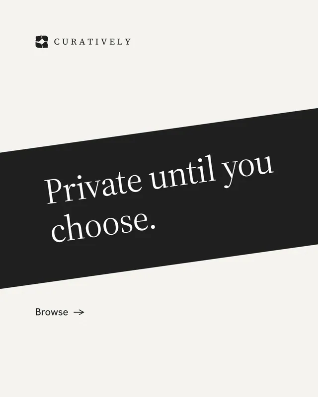 Instagram portrait post for Curatively: "Private until you choose." Minimal luxury style, diagonal layout, light palette in white, black.