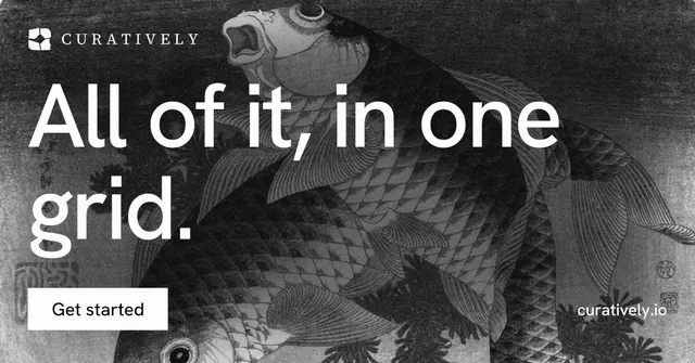 Social ad for Curatively: "All of it, in one grid." Swiss style, poster layout, dark palette in grey, black.