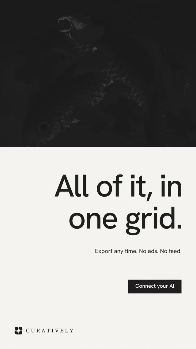 Instagram story for Curatively: "All of it, in one grid." Swiss style, right layout, light palette in black, white.