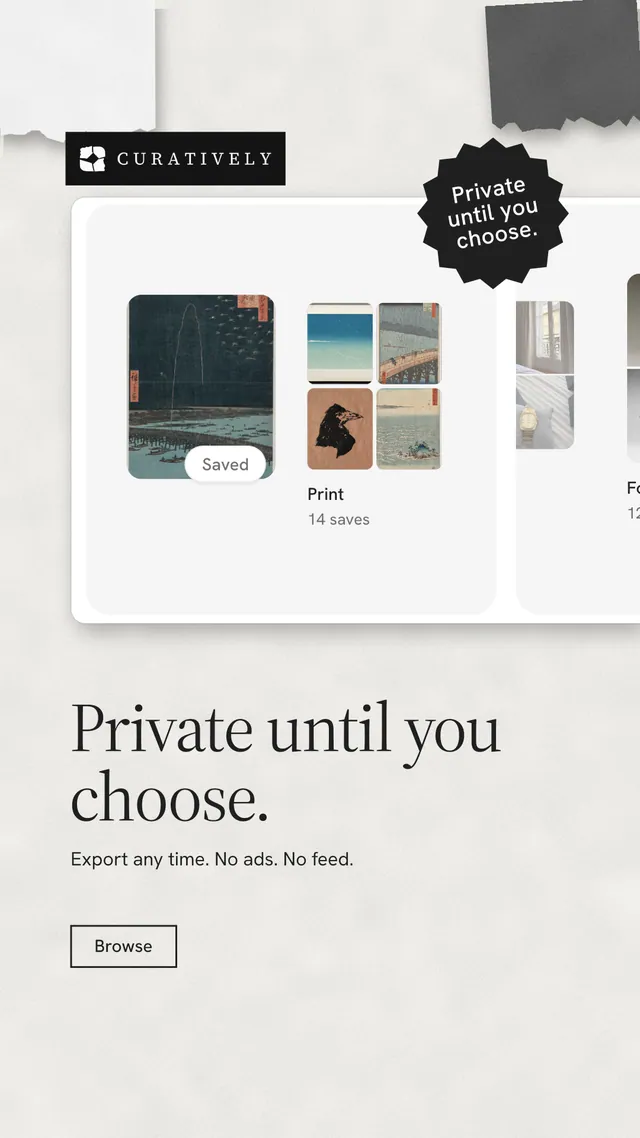 Instagram story for Curatively: "Private until you choose." Editorial style, sticker layout, light palette in white, grey.