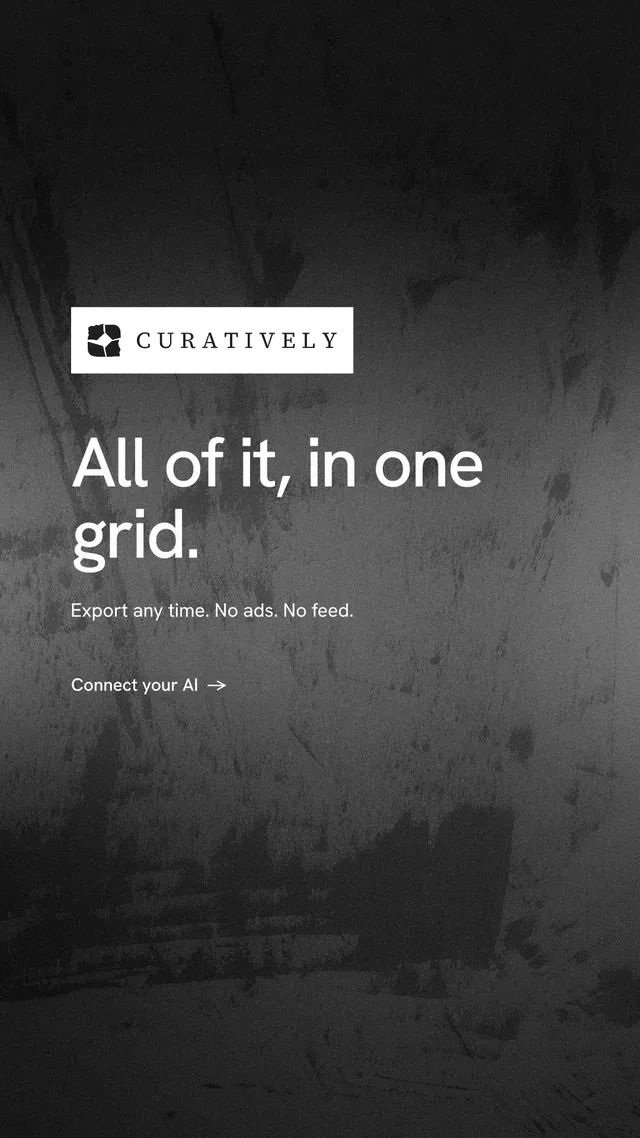Instagram story for Curatively: "All of it, in one grid." Minimal luxury style, announce layout, dark palette in black, grey.