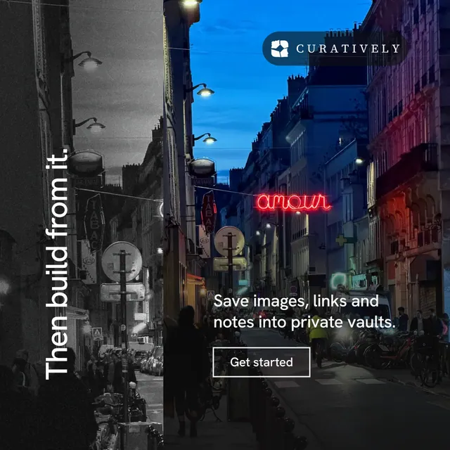 Instagram post for Curatively: "Then build from it." Editorial style, vertical layout, dark palette in black, grey, blue.