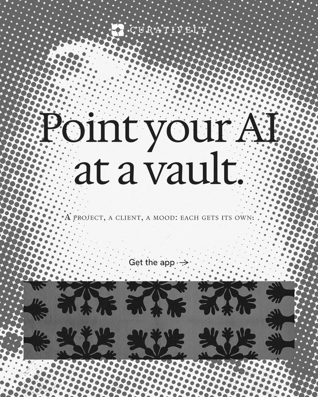 Instagram portrait post for Curatively: "Point your AI at a vault." Swiss style, smallcaps layout, light palette in white, grey.