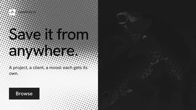 Landscape graphic for Curatively: "Save it from anywhere." Retro print style, bottom layout, dark palette in white, black, grey.