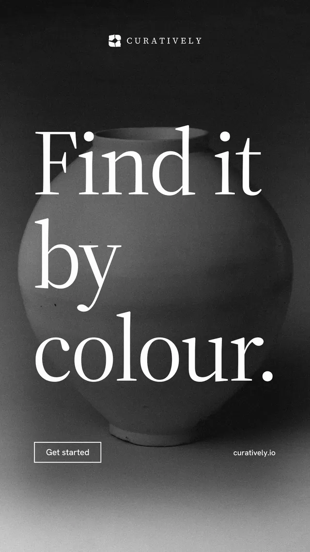 Instagram story for Curatively: "Find it by colour." Editorial style, poster layout, dark palette in black, grey.