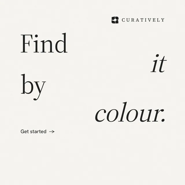 Instagram post for Curatively: "Find it by colour." Minimal luxury style, stacked layout, light palette in white.