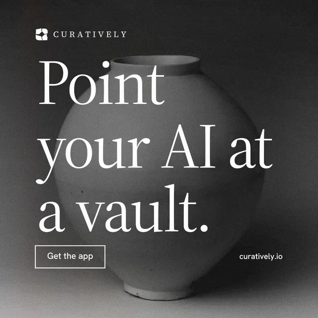 Instagram post for Curatively: "Point your AI at a vault." Editorial style, poster layout, dark palette in grey, black.
