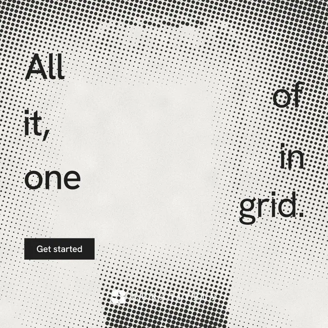 Instagram post for Curatively: "All of it, in one grid." Swiss style, stacked layout, light palette in white, grey.
