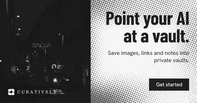 Social ad for Curatively: "Point your AI at a vault." Retro print style, right layout, light palette in black, white, grey.