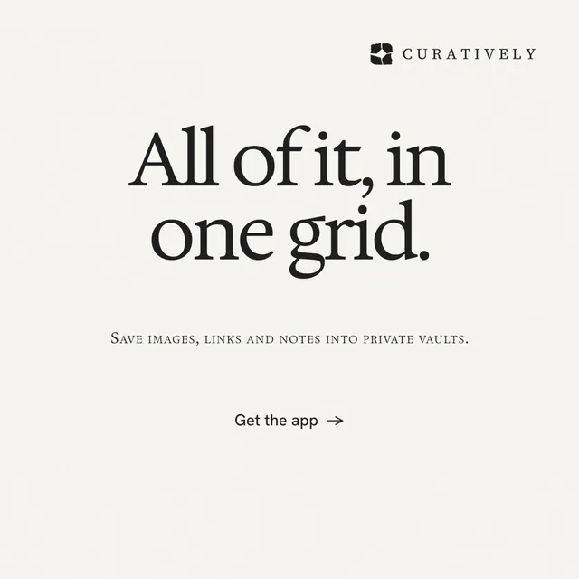 Instagram post for Curatively: "All of it, in one grid." Swiss style, smallcaps layout, light palette in white.
