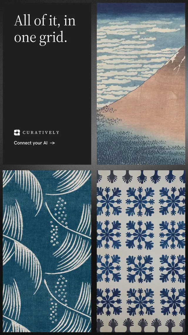 Instagram story for Curatively: "All of it, in one grid." Minimal luxury style, collage layout, dark palette in black, blue, grey.