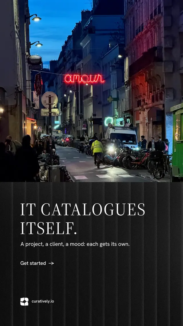 Instagram story for Curatively: "It catalogues itself." Minimal luxury style, bottom layout, dark palette in black, blue.
