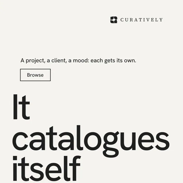 Instagram post for Curatively: "Find it by colour." Editorial style, oversized layout, light palette in white, grey.