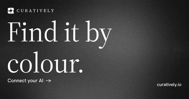 Social ad for Curatively: "Find it by colour." Minimal luxury style, poster layout, dark palette in black, grey.