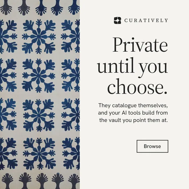 Instagram post for Curatively: "Private until you choose." Editorial style, right layout, light palette in white, grey.