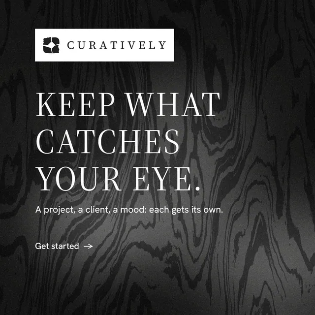 Instagram post for Curatively: "Keep what catches your eye." Minimal luxury style, announce layout, dark palette in black, grey.