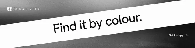 LinkedIn banner for Curatively: "Find it by colour." Minimal luxury style, diagonal layout, light palette in white, grey, black.