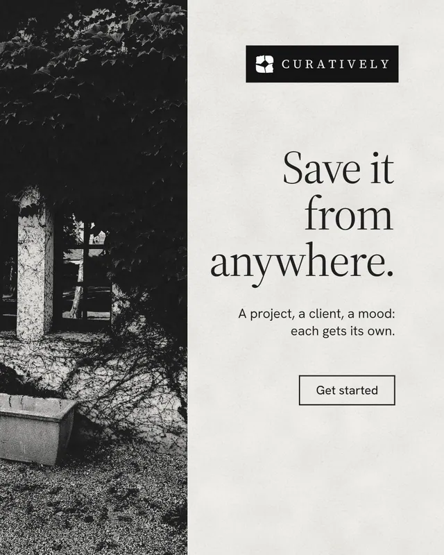 Instagram portrait post for Curatively: "Save it from anywhere." Editorial style, right layout, light palette in black, white, grey.