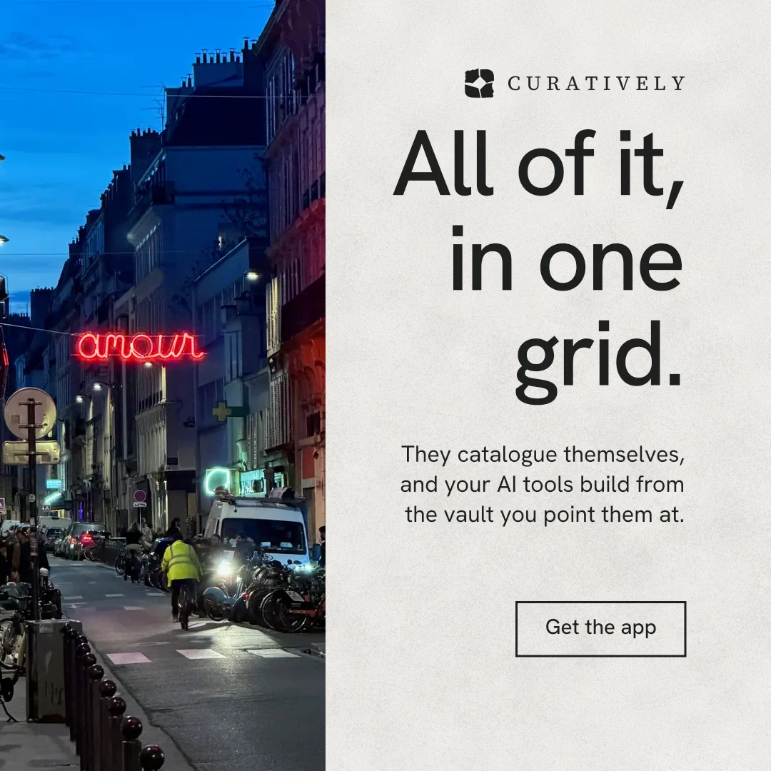 Instagram post for Curatively: "All of it, in one grid." Editorial style, right layout, light palette in blue, white.