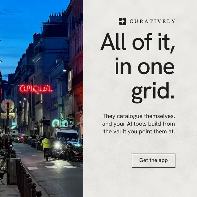 Instagram post for Curatively: "All of it, in one grid." Editorial style, right layout, light palette in blue, white.