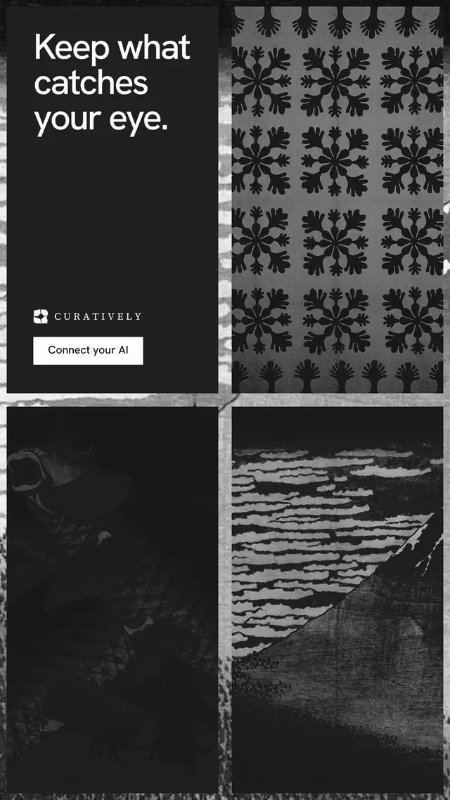 Instagram story for Curatively: "Keep what catches your eye." Swiss style, collage layout, dark palette in black, grey.