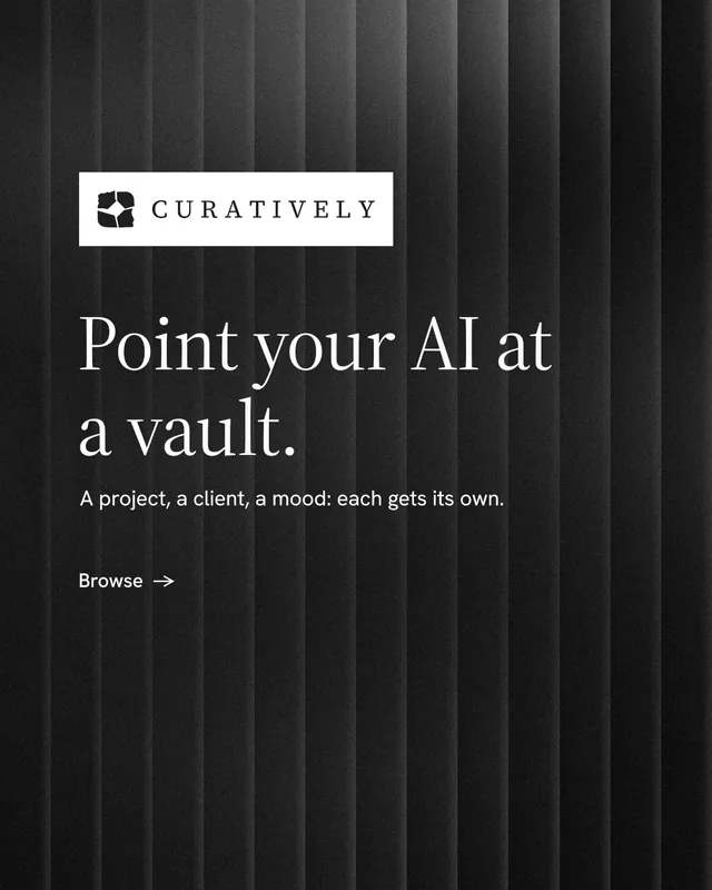 Instagram portrait post for Curatively: "Point your AI at a vault." Minimal luxury style, announce layout, dark palette in black, grey.