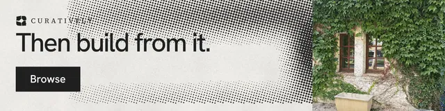 LinkedIn banner for Curatively: "Then build from it." Swiss style, skeleton layout, light palette in grey, white.
