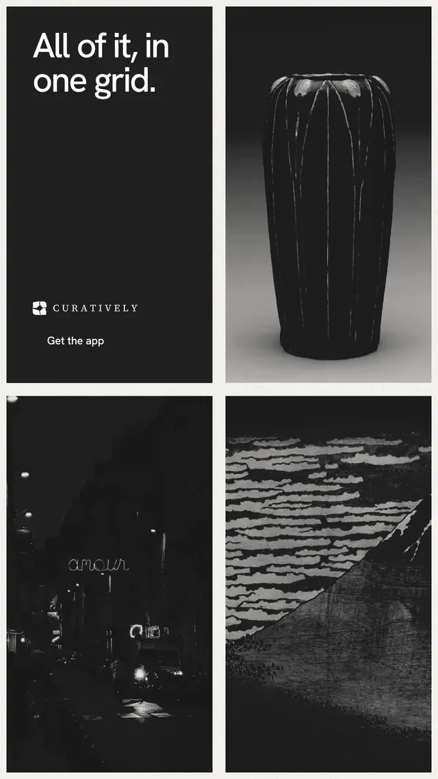 Instagram story for Curatively: "All of it, in one grid." Swiss style, collage layout, dark palette in black, grey.